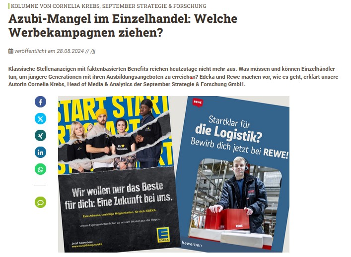 Mitarbeiterfindung ist aktuell eine große Herausforderung und zahlreiche Unternehmen werben für sich. Für marktforschung.de haben sich Cornelia Krebs und Mariell Gründer die Kampagnen von EDEKA und Rewe angesehen.