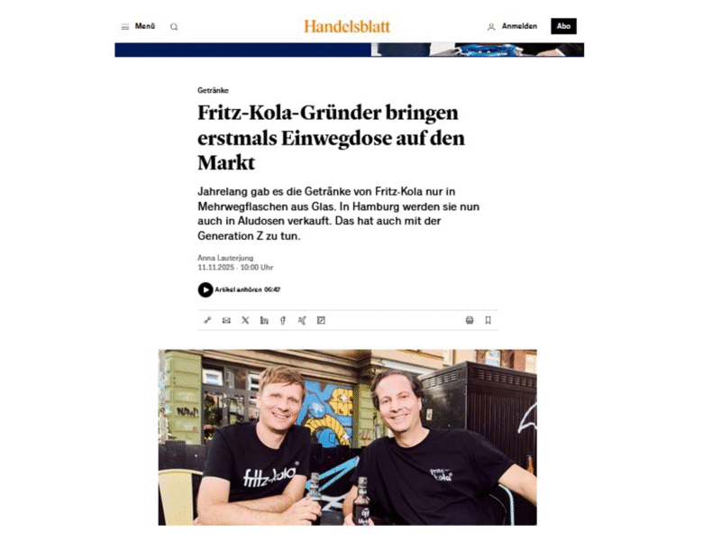 Markus Küppers im Handelsblatt: Fritz Kola setzt auf Dosen statt Flaschen – aus seiner Sicht keine Gefahr für Image und Absatz der Kultmarke.