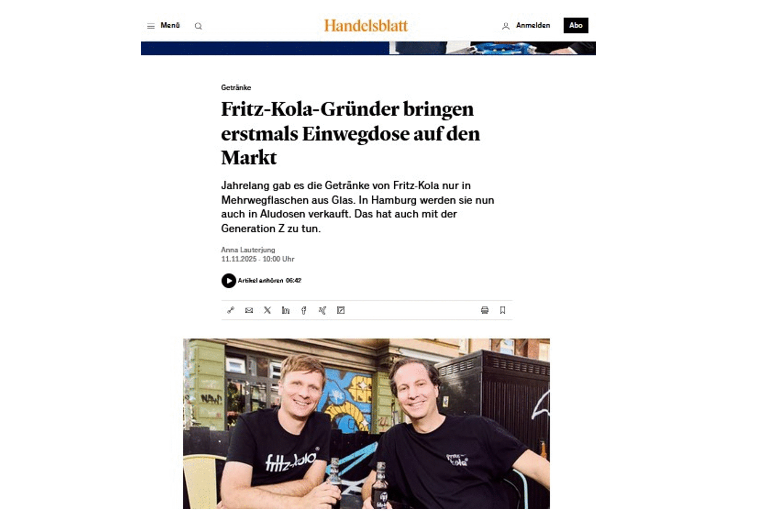 Markus Küppers im Handelsblatt: Fritz Kola setzt auf Dosen statt Flaschen – aus seiner Sicht keine Gefahr für Image und Absatz der Kultmarke.