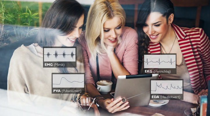 Zwei Frauen die auf ein Tablet schauen welches verschiedene Diagramme anzeigt